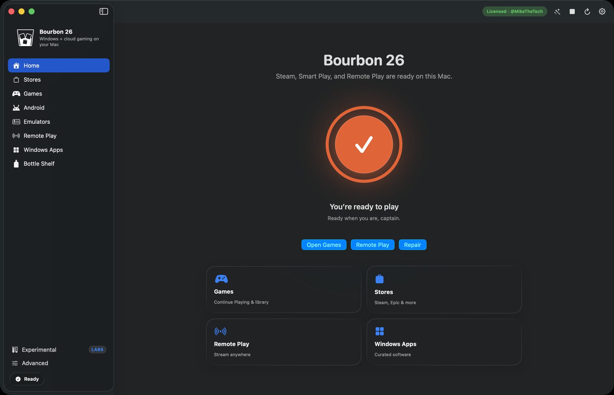 Bourbon 26 home screen on macOS showing the whole stack ready to play