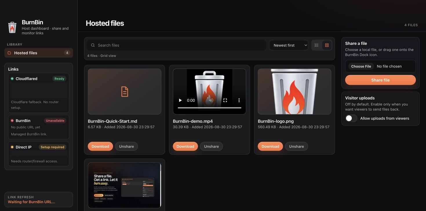 BurnBin host dashboard in grid view with image and video previews