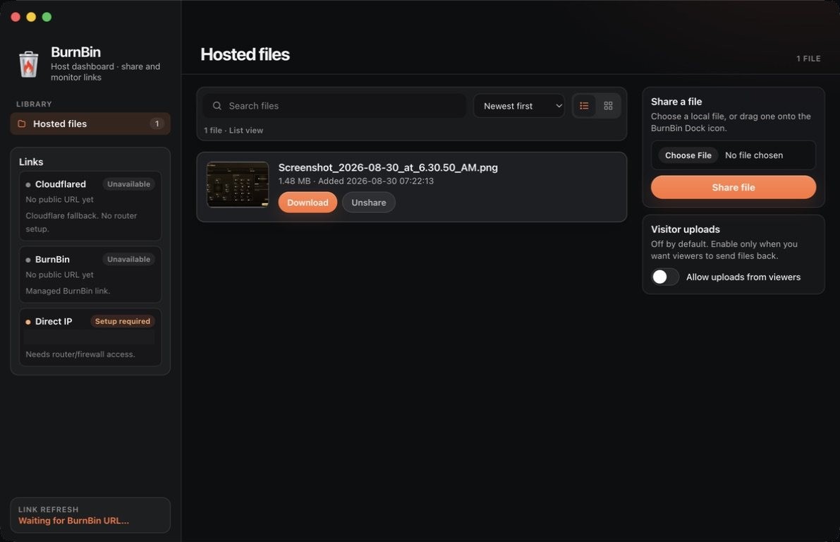 BurnBin's host dashboard in a macOS window, with one hosted file in list view and the Links panel