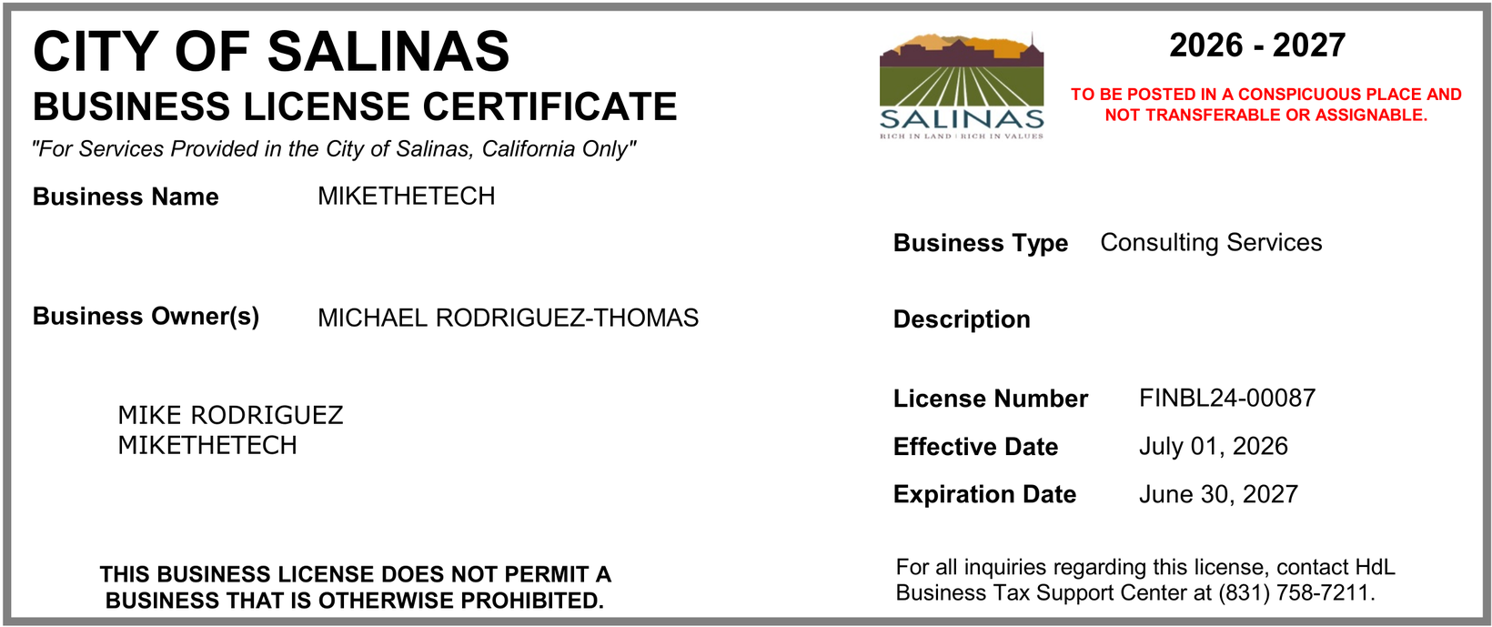 City of Salinas Business License Certificate issued to MIKETHETECH, owner Michael Rodriguez-Thomas, business type consulting services, license number FINBL24-00087, effective July 1 2026 and expiring June 30 2027.