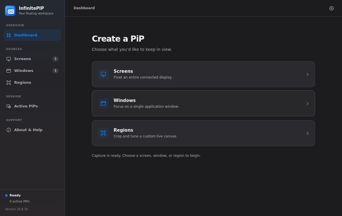 InfinitePIP 26.8.30 dashboard