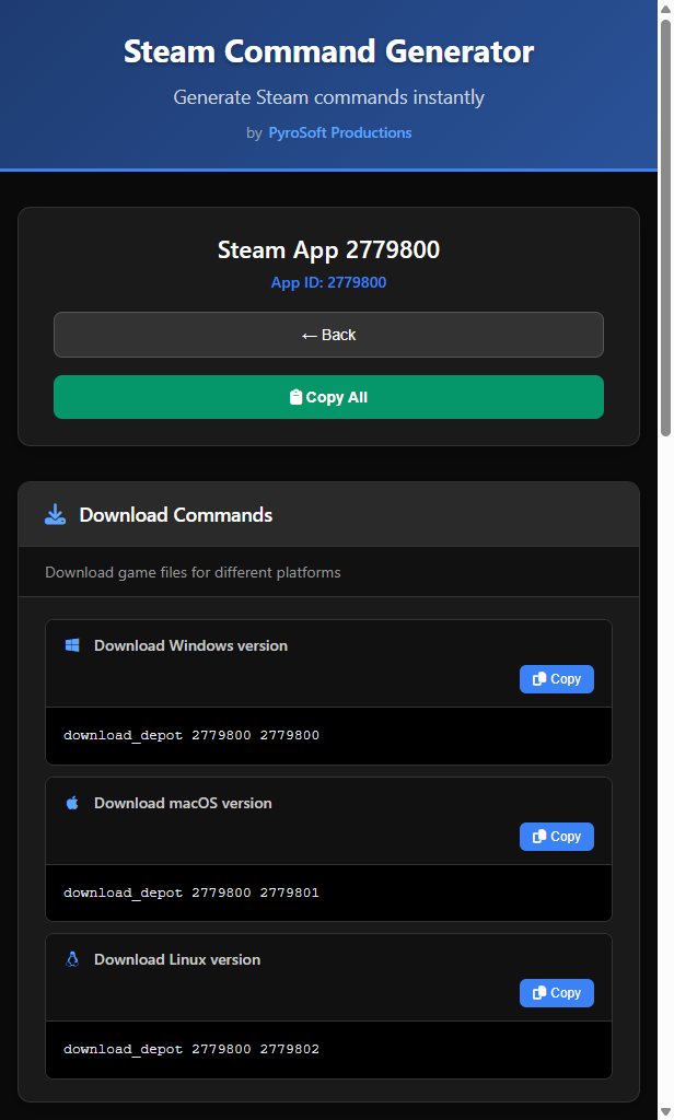 Steam Command Generator showing download commands for Rite of Eris