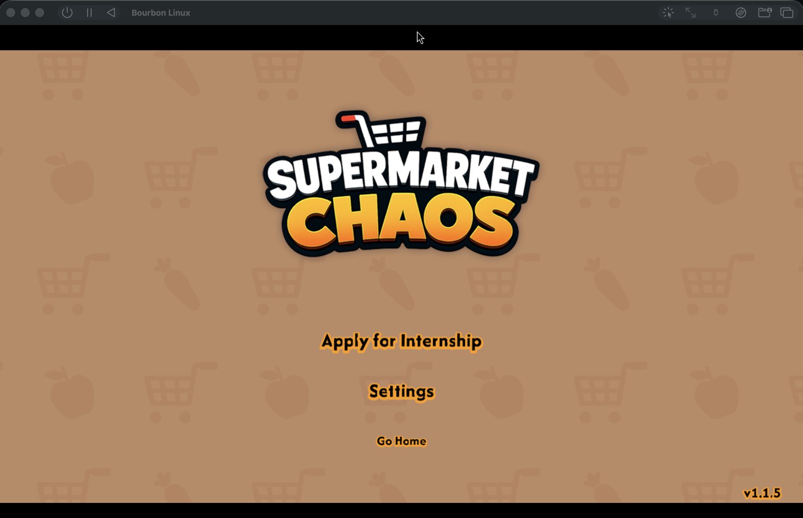 The Supermarket Chaos title menu inside a UTM window titled Bourbon Linux on a Mac, captured during internal Bourbon OS testing