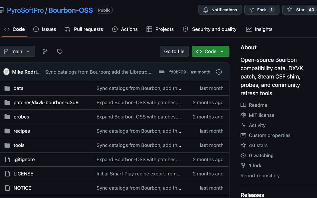 The PyroSoftPro/Bourbon-OSS repository on GitHub, with data, patches, probes, recipes and tools folders and an MIT license