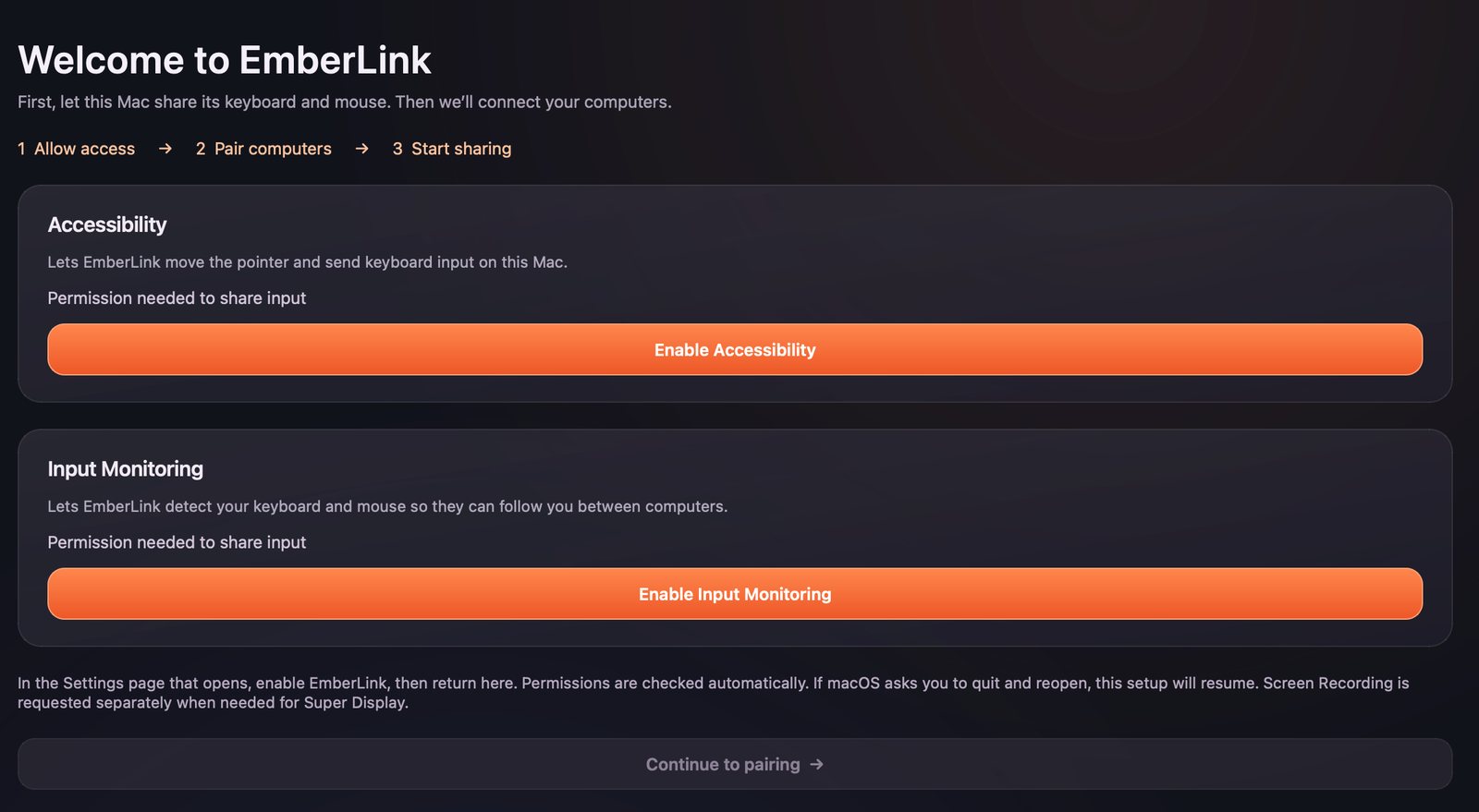 EmberLink's Welcome setup page with Enable Accessibility and Enable Input Monitoring buttons and a disabled Continue to pairing button