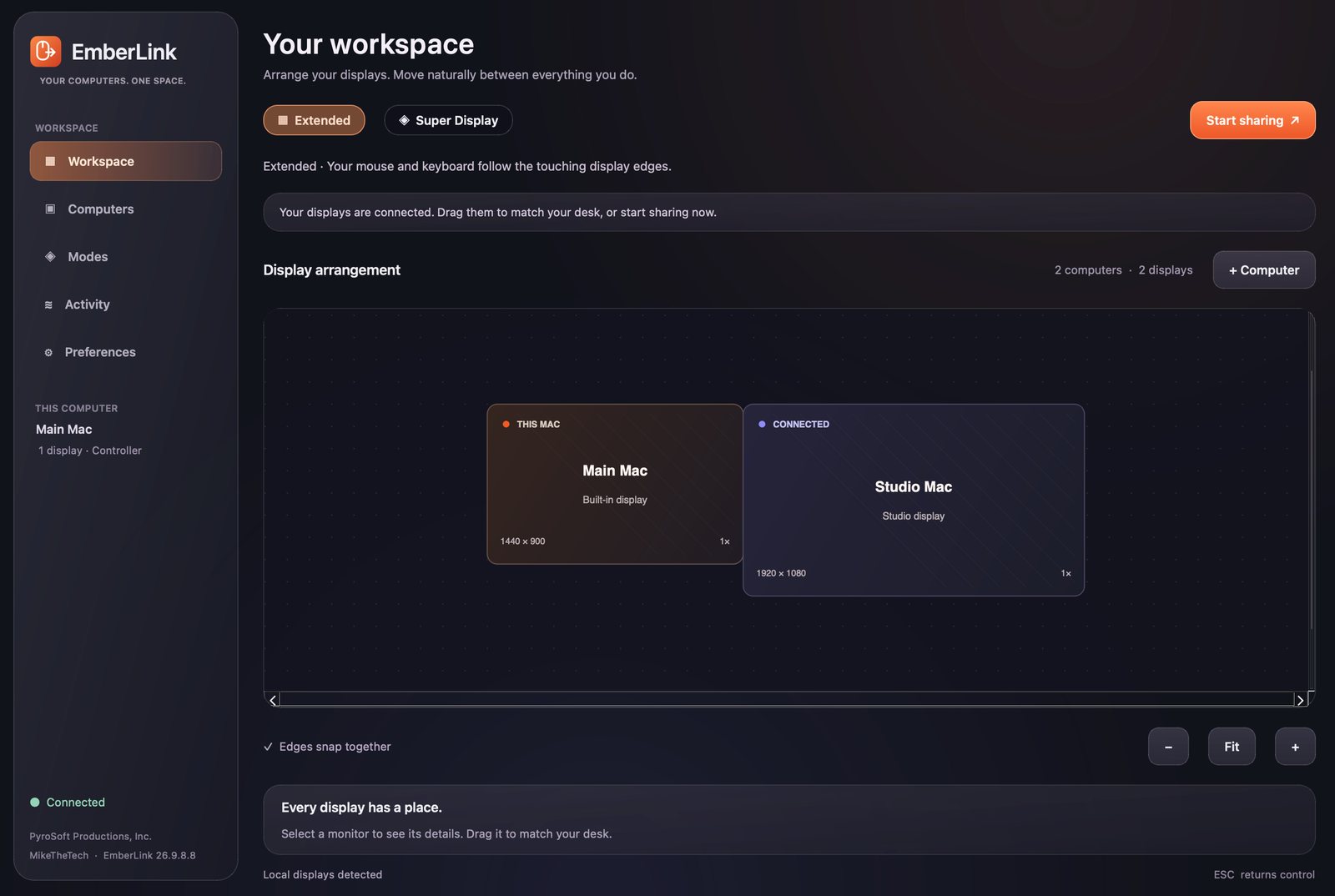 The EmberLink Workspace page: Extended and Super Display mode pills, a Start sharing button, and a display arrangement showing a Main Mac built-in display snapped beside a connected Studio Mac display