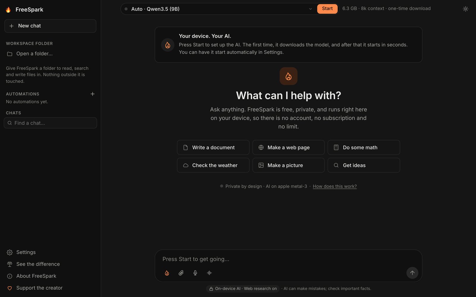 The FreeSpark app at freespark.app: a model picker set to Auto · Qwen3.5 (9B) with a Start button, a card reading “Your device. Your AI.”, and suggestion chips under “What can I help with?”