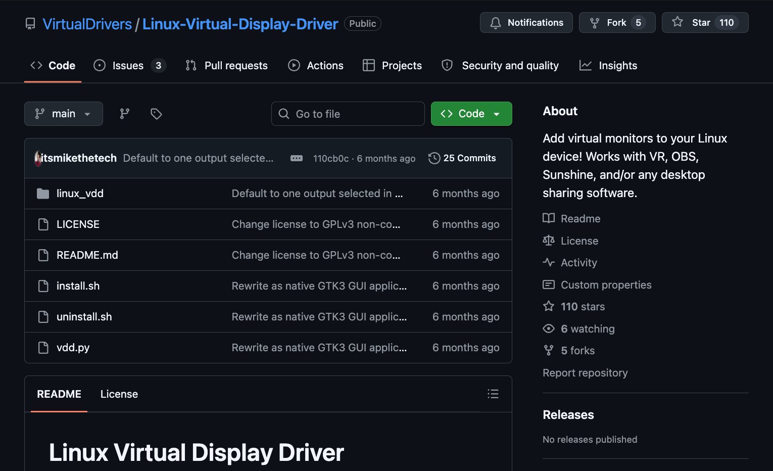 The public GitHub repository VirtualDrivers/Linux-Virtual-Display-Driver: a linux_vdd folder, LICENSE, README.md, install.sh, uninstall.sh and vdd.py, with an About panel that reads: Add virtual monitors to your Linux device! Works with VR, OBS, Sunshine, and/or any desktop sharing software.