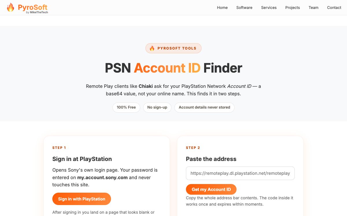 The PSN Account ID Finder page: step 1, sign in at PlayStation, beside step 2, paste the address, with a Get my Account ID button