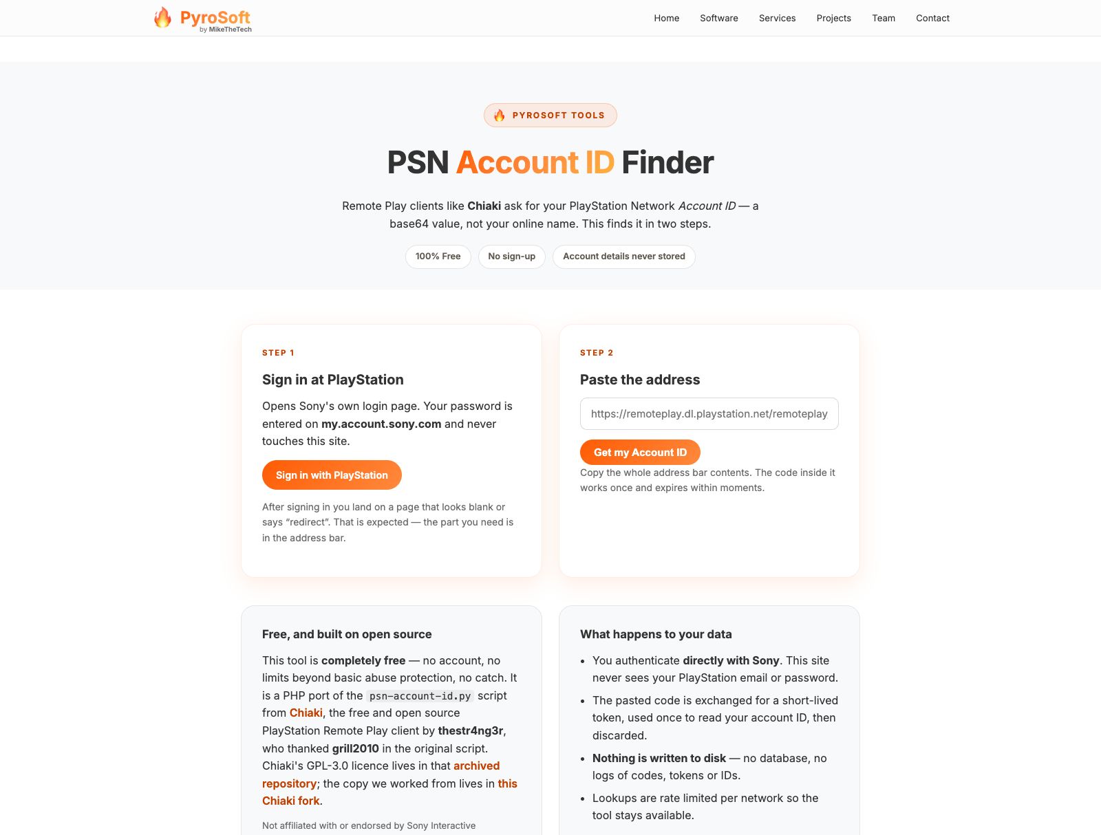 The PSN Account ID Finder page: step 1, Sign in at PlayStation, beside step 2, Paste the address, with a Get my Account ID button