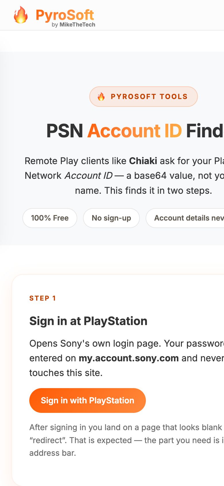 The PSN Account ID Finder on a phone-width screen, showing the title and step 1, Sign in at PlayStation