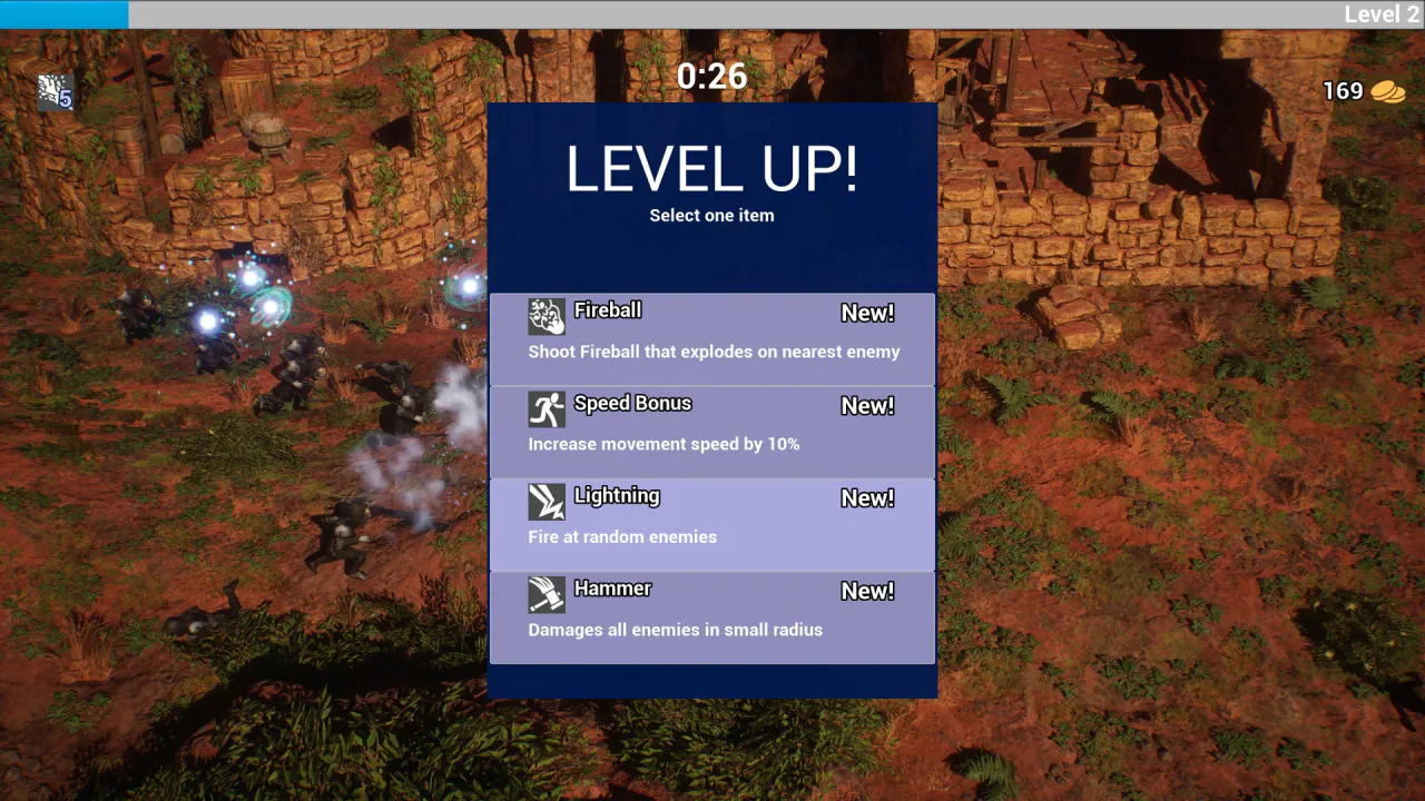 Level Up panel offering four upgrades mid-run
