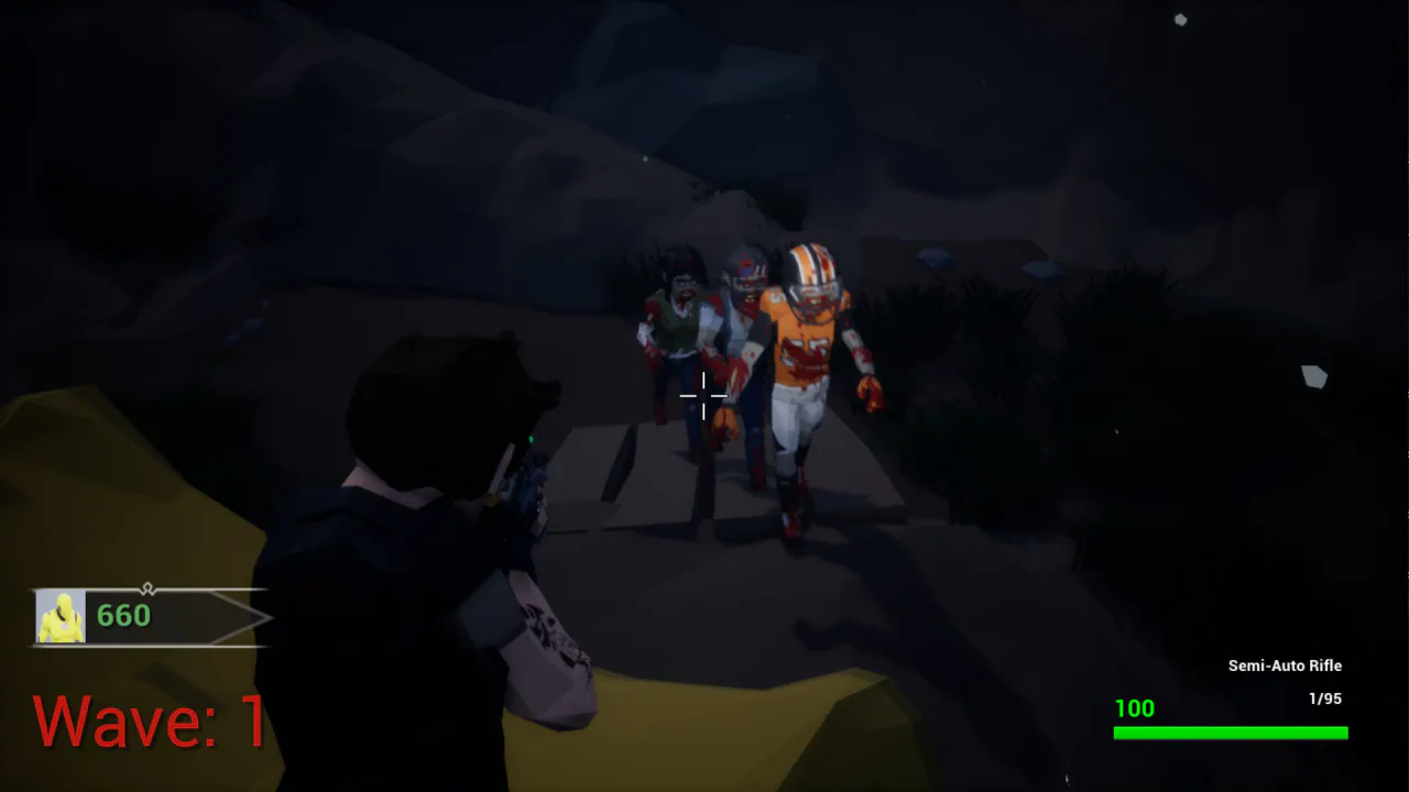 Three low-poly zombies, one in a football uniform, walk up a dark hillside path toward the player, wave 1