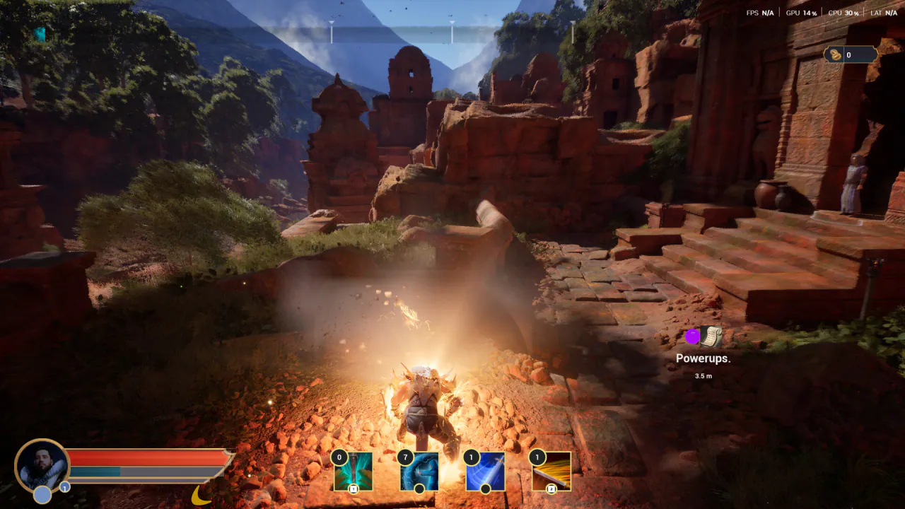 A hero bursts out of a fiery impact among red-rock temple ruins, with a Powerups marker and four ability icons