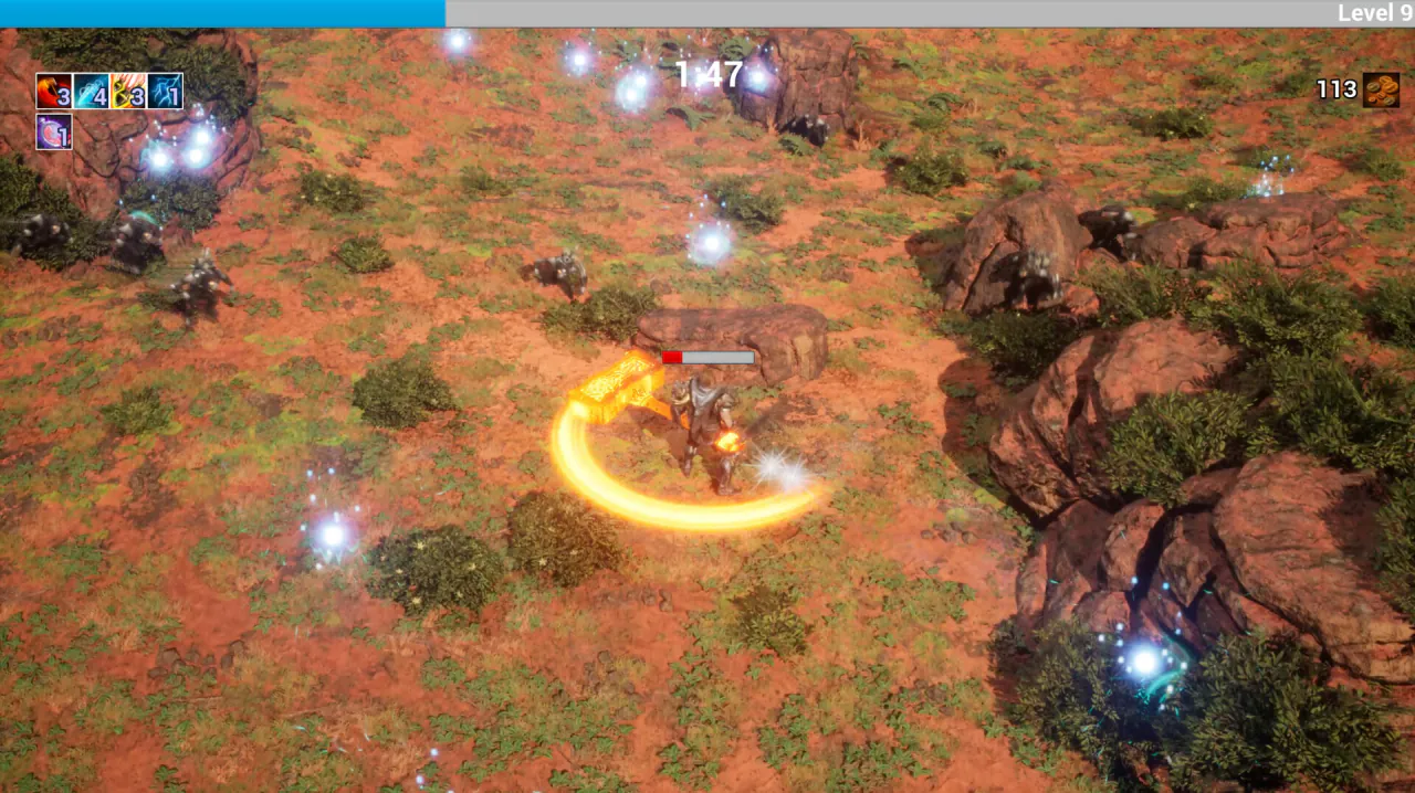 A hero swinging a golden hammer across a red-earth field