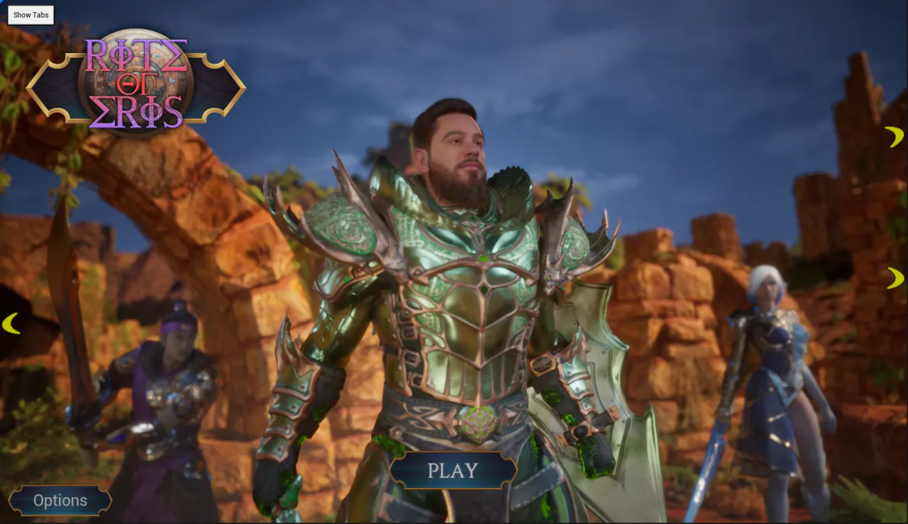 Rite of Eris main menu with three heroes before sandstone ruins