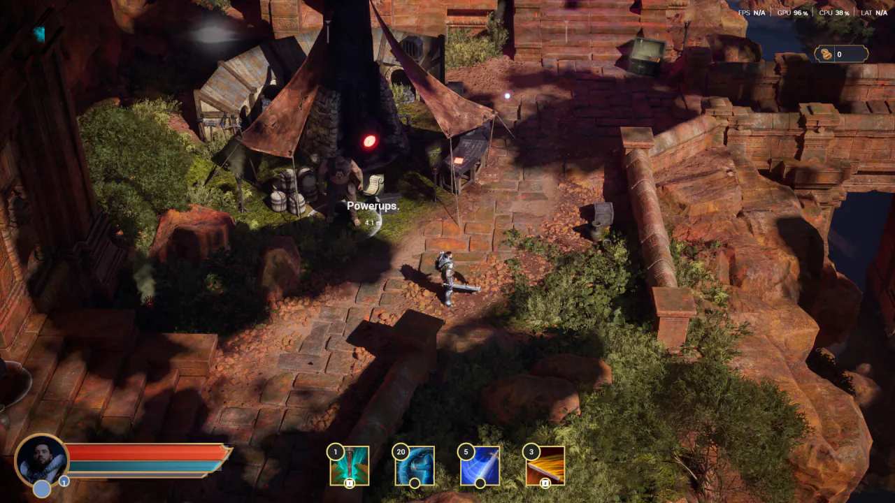 Top-down view of an armoured hero on a stone path by a camp tent, with a Powerups marker and the ability bar