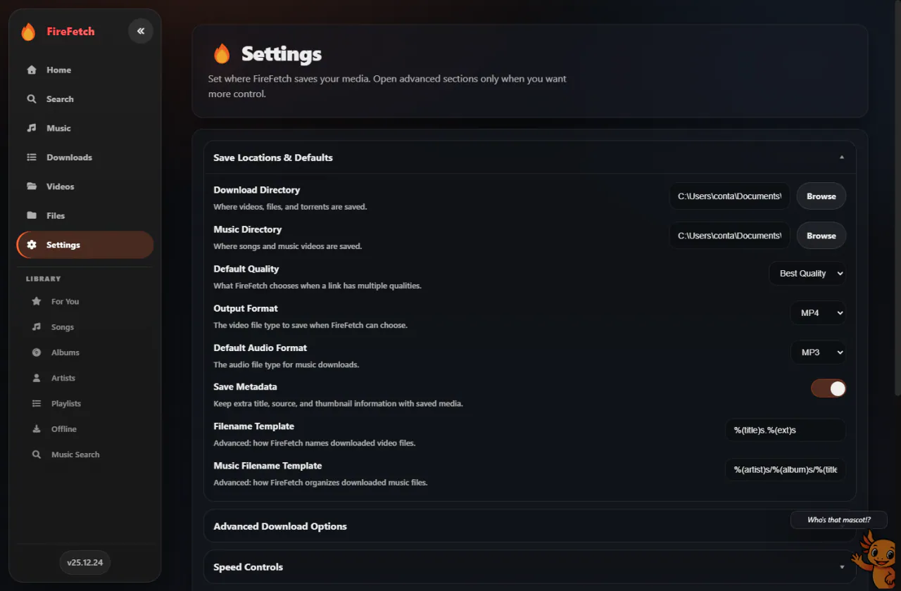 FireFetch Settings with folders, quality, formats and filename templates