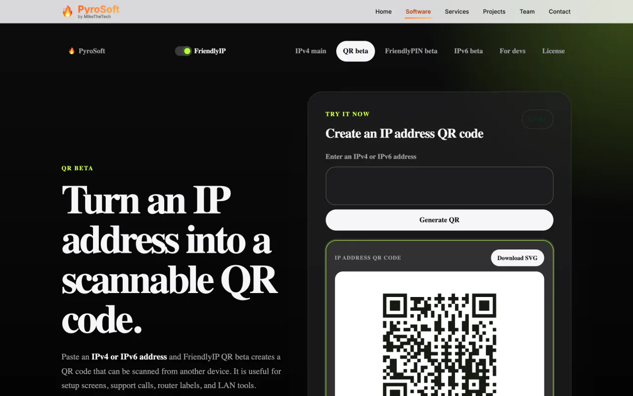 FriendlyIP QR page with a generated QR code and a Download SVG button
