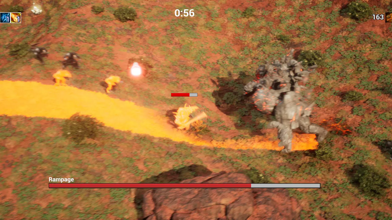The rock giant Rampage leaving a trail of fire across the battlefield