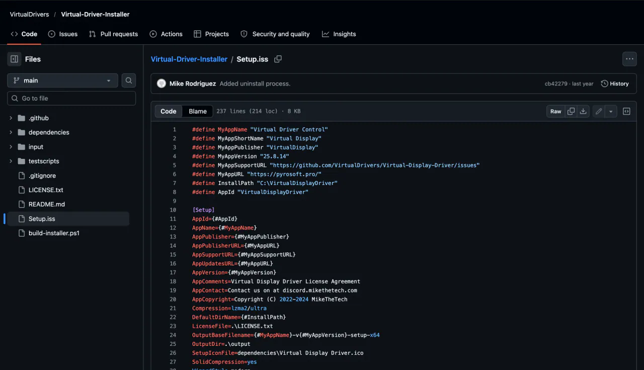 GitHub view of Setup.iss lines 1 to 27 with the repository file tree