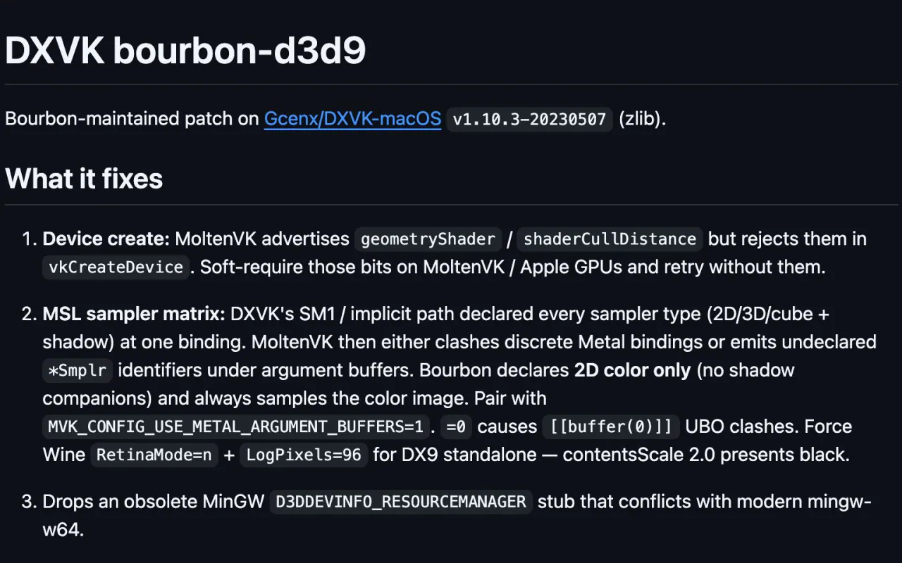 The DXVK bourbon-d3d9 patch README explaining the three fixes: device creation, the MSL sampler matrix and an obsolete MinGW stub