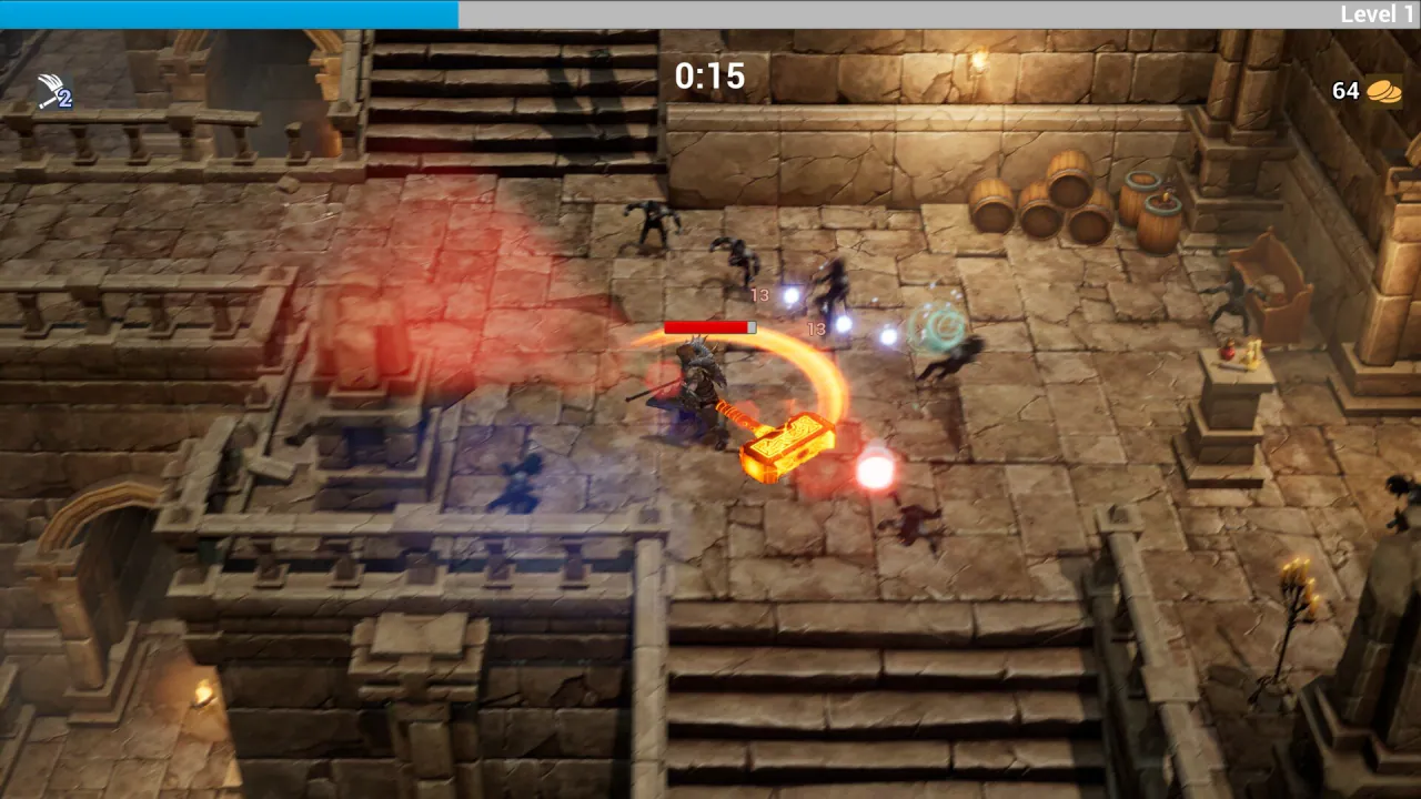 Top-down dungeon fight: a hero swings a glowing hammer at shadowy enemies, with a 0:15 timer and the Level 1 bar