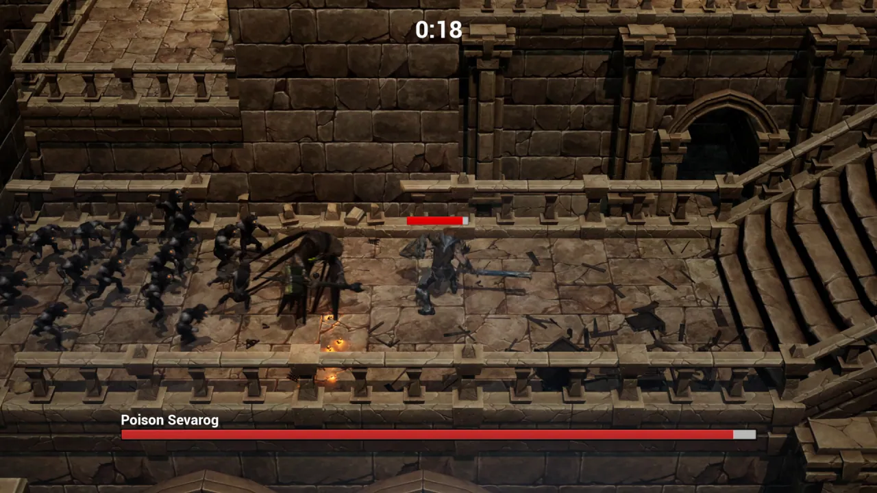 Poison Sevarog surrounded by enemies on a stone walkway