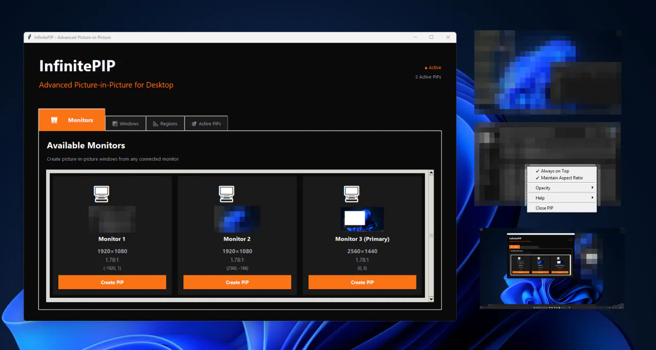 The original InfinitePIP Windows app with three monitors listed and a PiP context menu