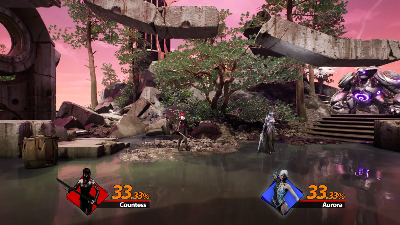 Two Paragon heroes on a ruins stage with damage percentages along the bottom