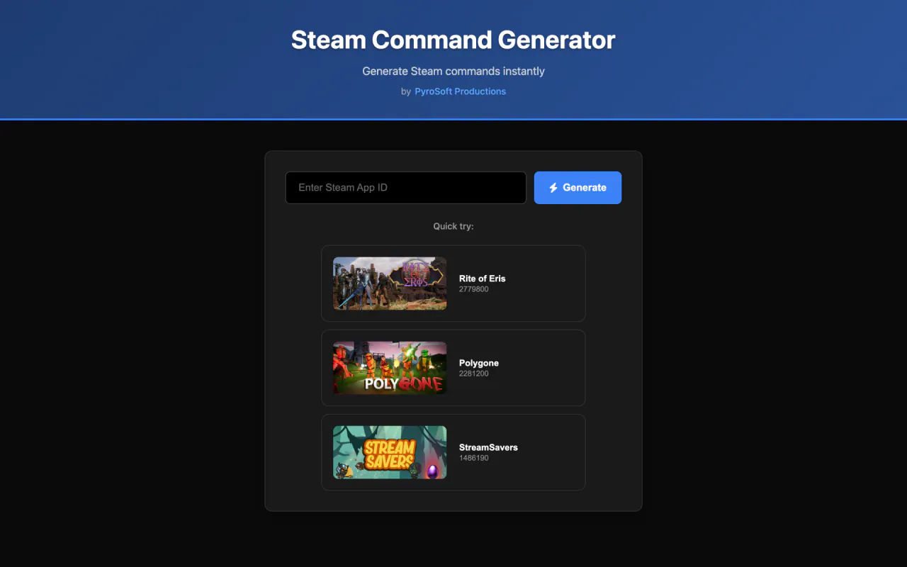 Steam Command Generator with an App ID field and three Quick try cards