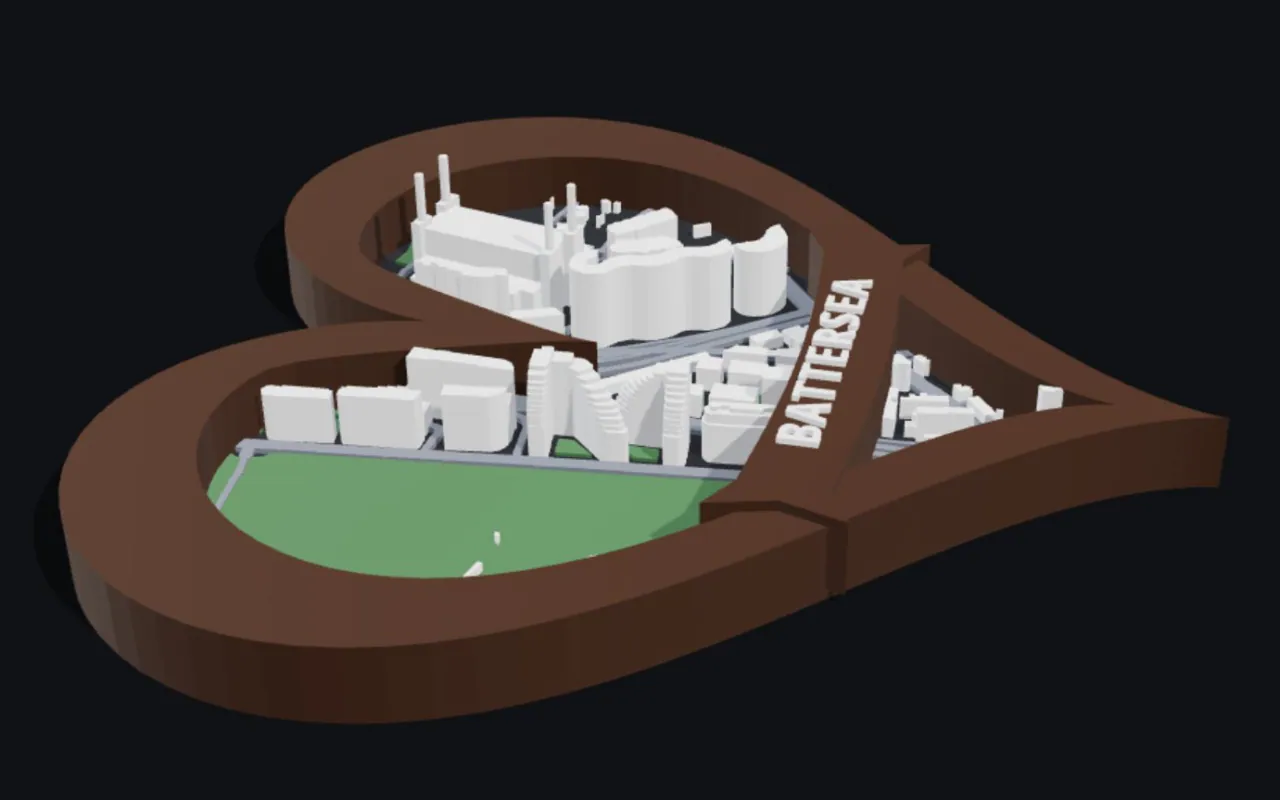 BambiMaps heart-shaped frame around Battersea, London, with a raised ribbon lettered BATTERSEA