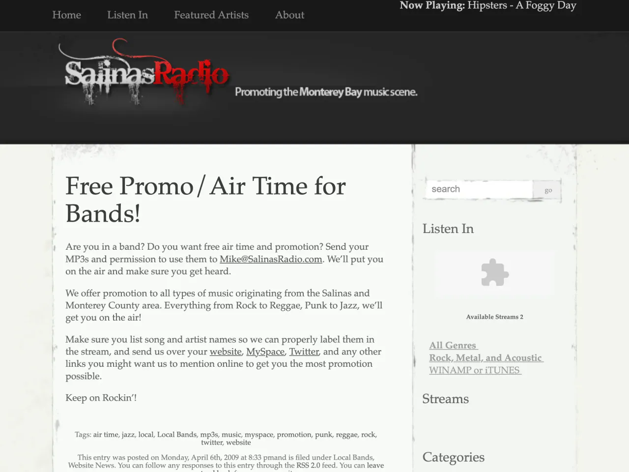 Archived capture of SalinasRadio.com in April 2009 with a post inviting local bands
