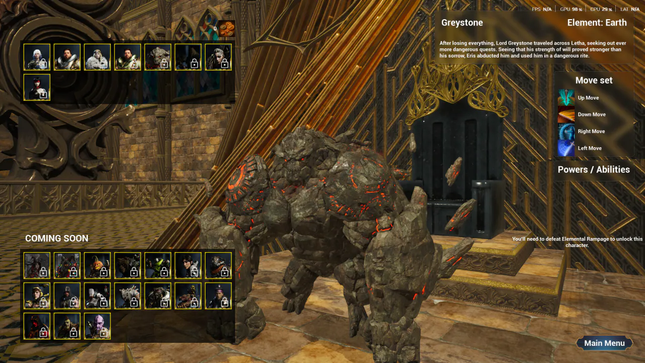 Character select: the locked rock golem Greystone (Element: Earth) with its move set and a grid of upcoming heroes