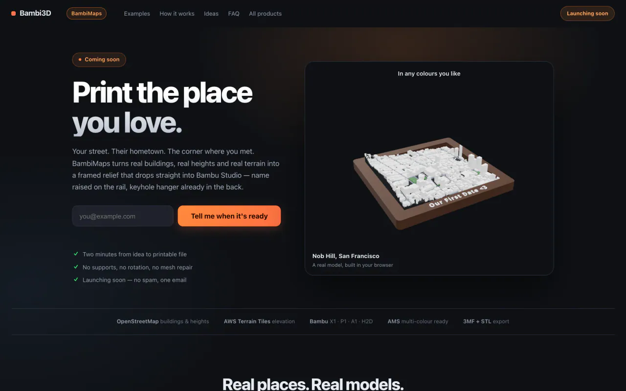 The bambimaps.com landing page today: a Coming soon badge, the headline Print the place you love, an email signup and the live Nob Hill model