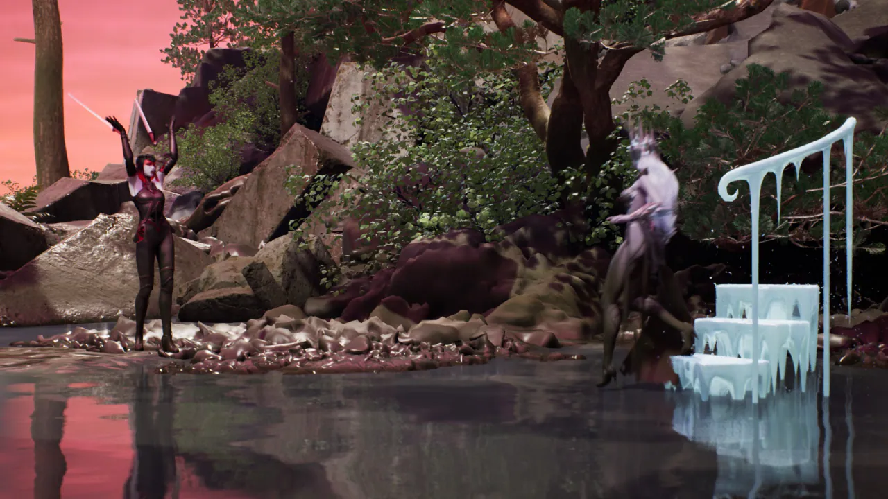 Countess and Aurora on a jungle ruins stage in the Paragon Tournament tech demo