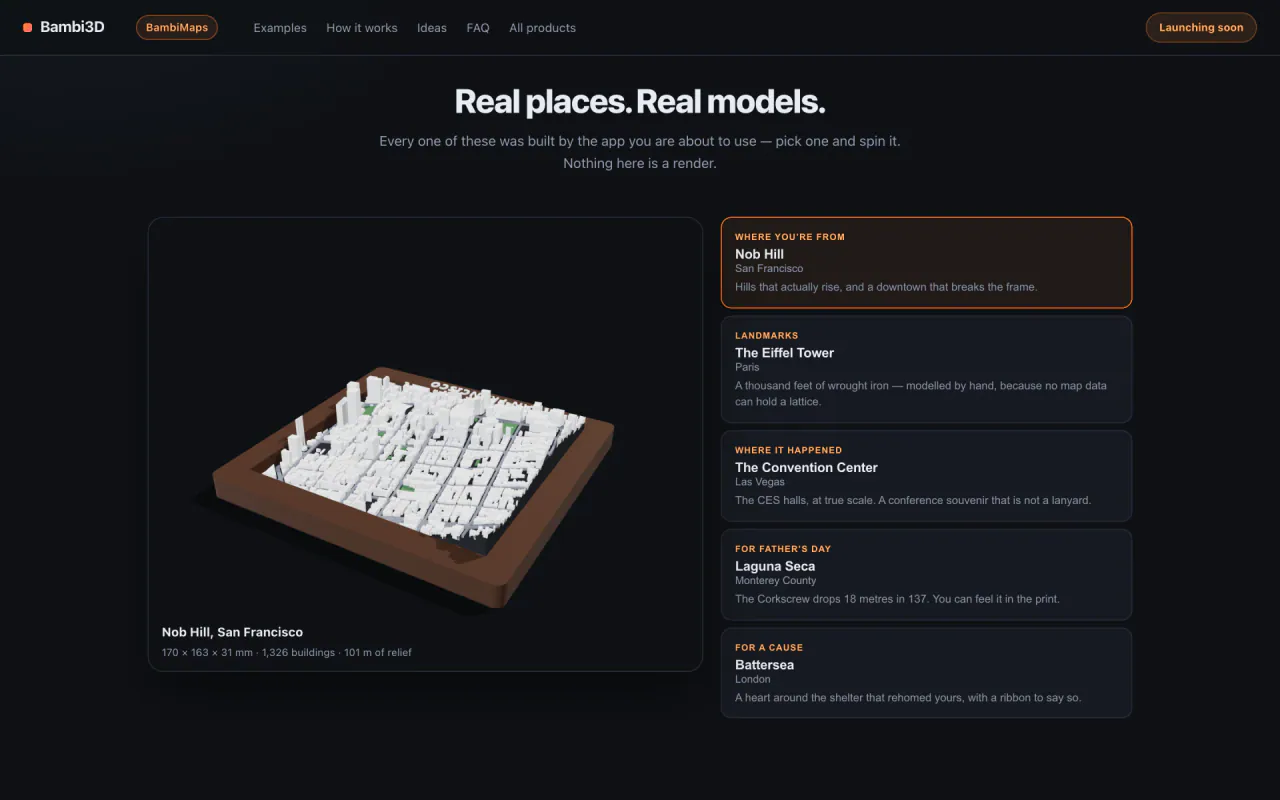 The Real places, real models section: a live Nob Hill relief next to five worked example cards