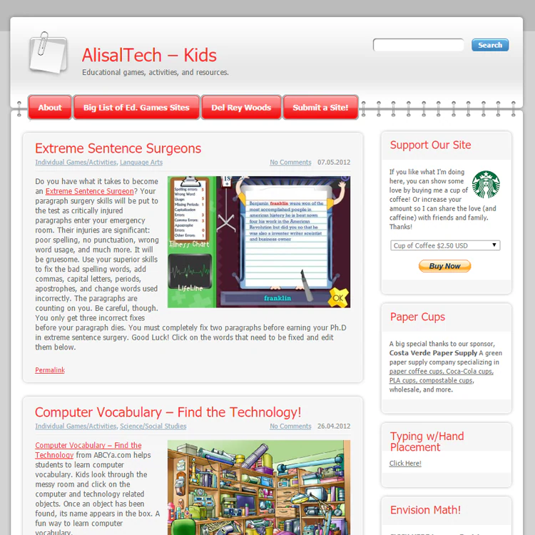 The AlisalTech – Kids homepage in 2012 with a red tab menu and two resource entries