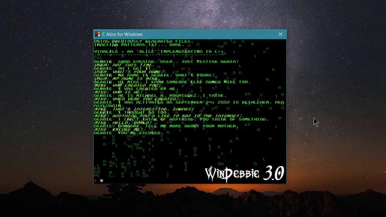 WinDebbie chat window with green text over a falling-character effect