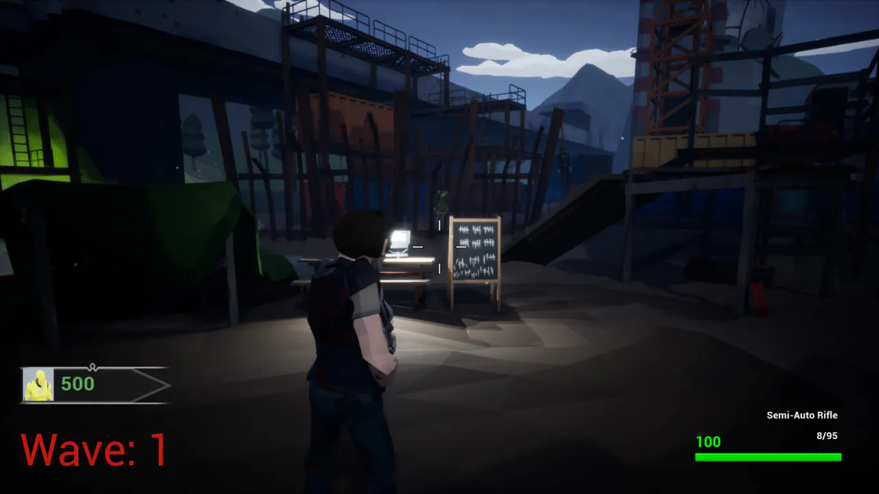 Third-person view at night: the player by a picnic table and a tally-mark chalkboard in a scaffolded yard, wave 1