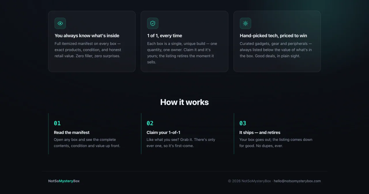 NotSoMysteryBox promises and How it works sections