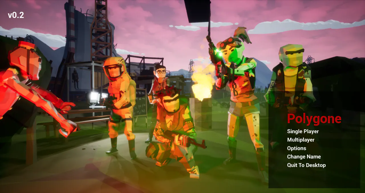 Polygone v0.2 main menu with survivors around a burning barrel