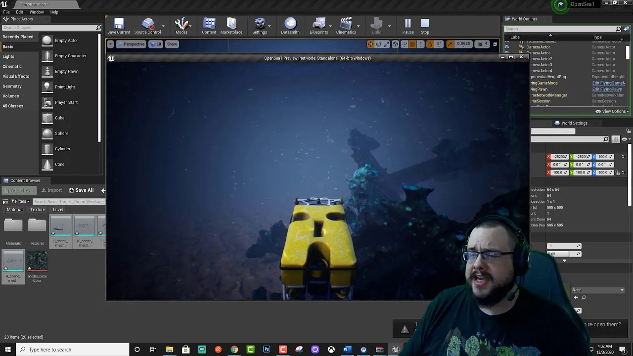 Yellow ROV model in a dark underwater scene inside the Unreal Engine editor