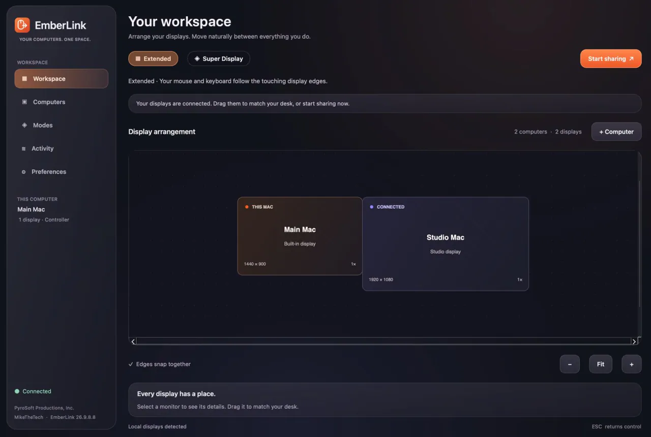 The EmberLink Workspace page: Extended and Super Display mode pills, a Start sharing button, and a display arrangement showing a Main Mac built-in display snapped beside a connected Studio Mac display