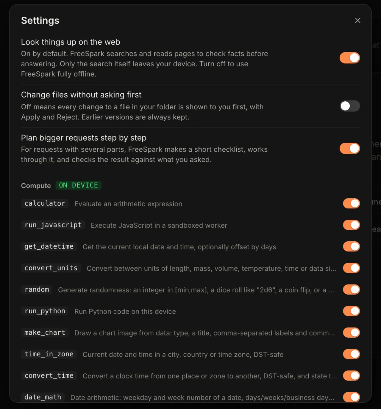FreeSpark Settings: switches for web lookups, file-change approval and planning, then the Compute tool list with calculator, run_javascript, run_python, make_chart and more, each with its own switch