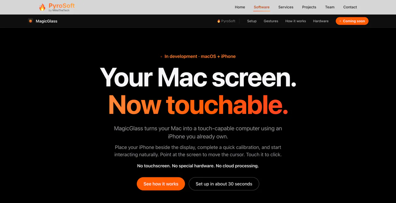 The MagicGlass website hero: Your Mac screen. Now touchable.