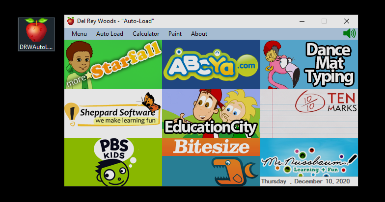 Auto-Load window with nine tiles for learning websites and a menu bar