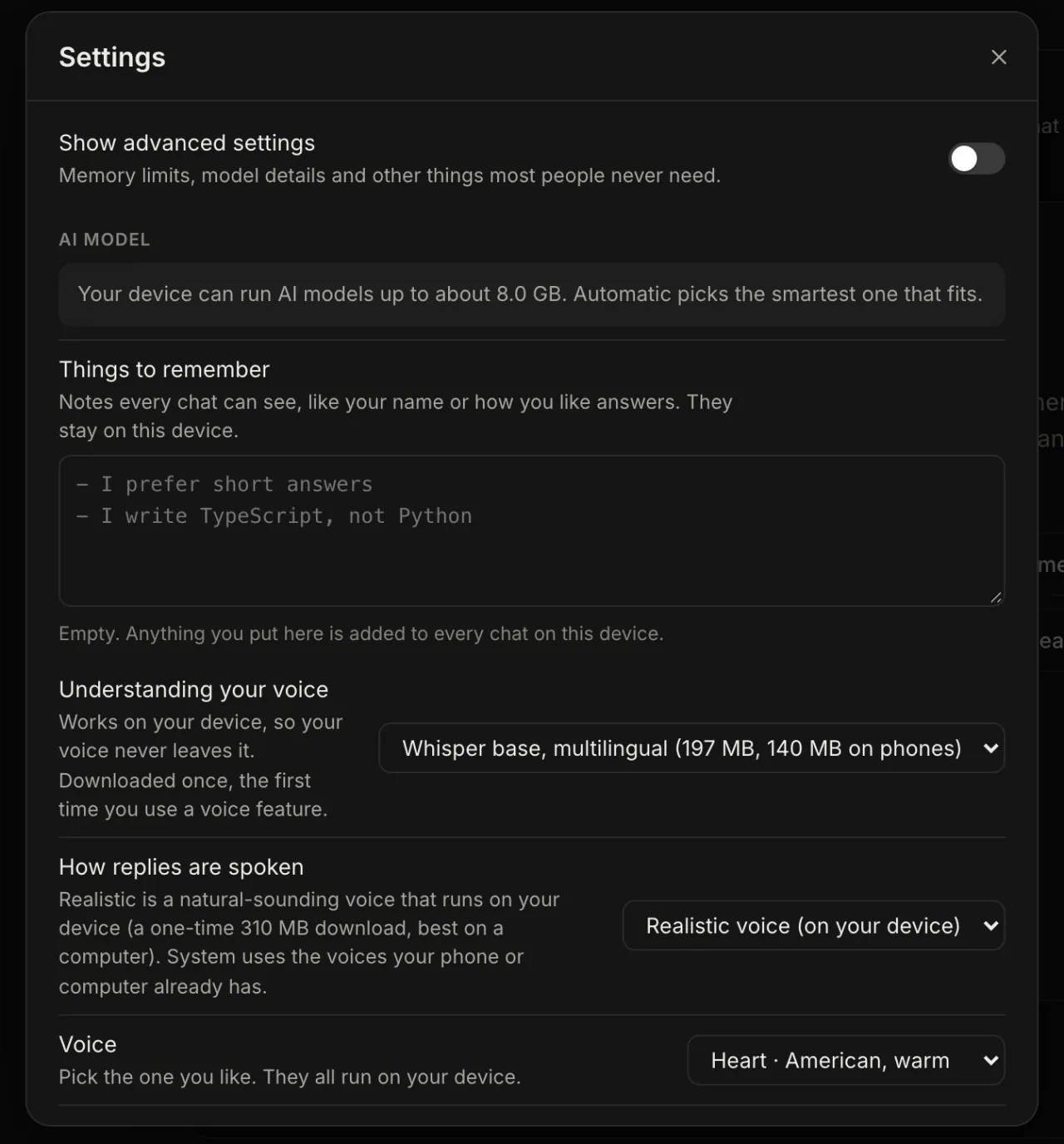 FreeSpark Settings: the model memory estimate, a “Things to remember” notes box, Whisper speech-recognition choice and the realistic voice option