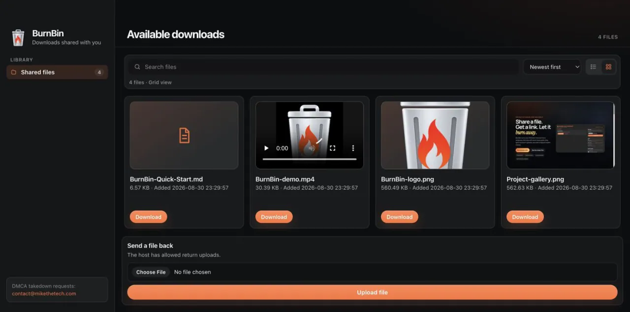 BurnBin public share page titled Available downloads: four shared files in grid view with Download buttons, a Send a file back upload form, and a DMCA takedown contact in the sidebar