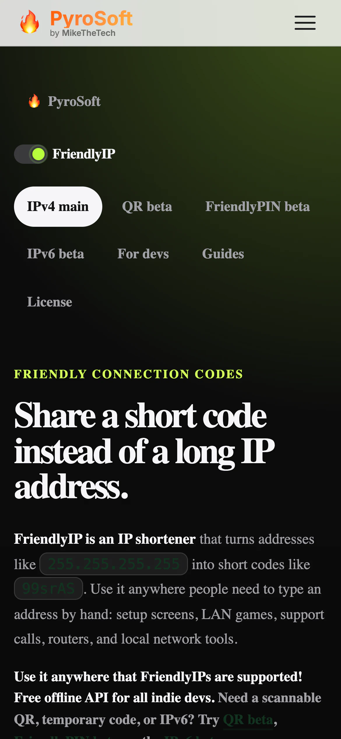 FriendlyIP on a phone-width screen with the tool menu above the intro
